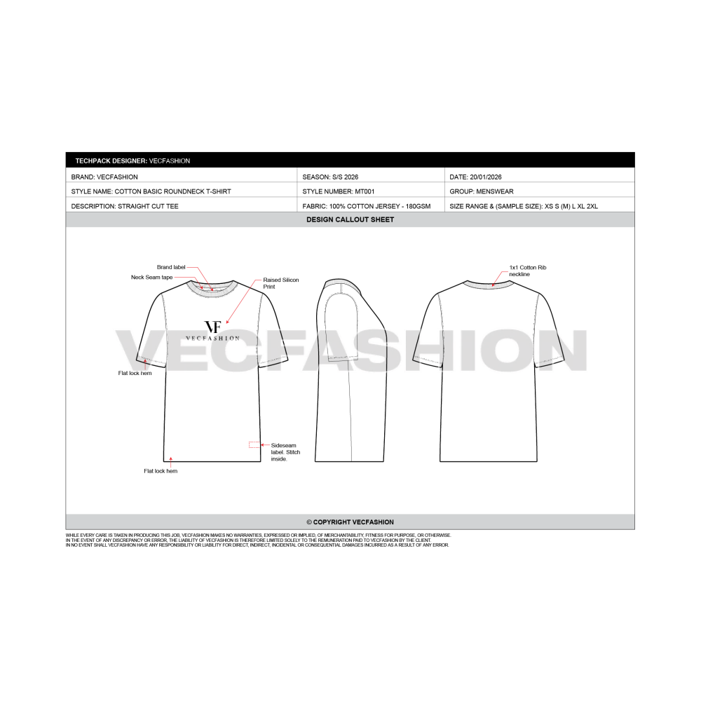 Mens Round Neck T-shirt Tech pack Template - design callout sheet