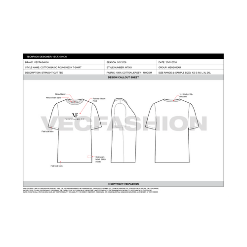 Mens Round Neck T-shirt Tech pack Template - design callout sheet