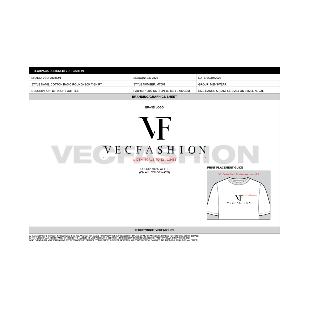 Mens Round Neck T-shirt Tech pack Template - branding sheet