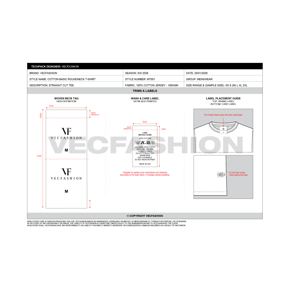 Mens Round Neck T-shirt Tech pack Template - trims and labels sheet