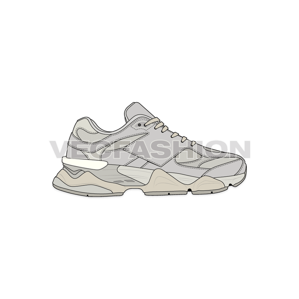 Mens running sneakers, light gray flat sketch, view 1
