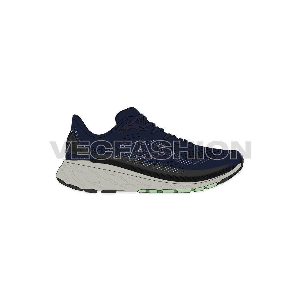 Mens running sneakers, fabric top flat sketch, view 1