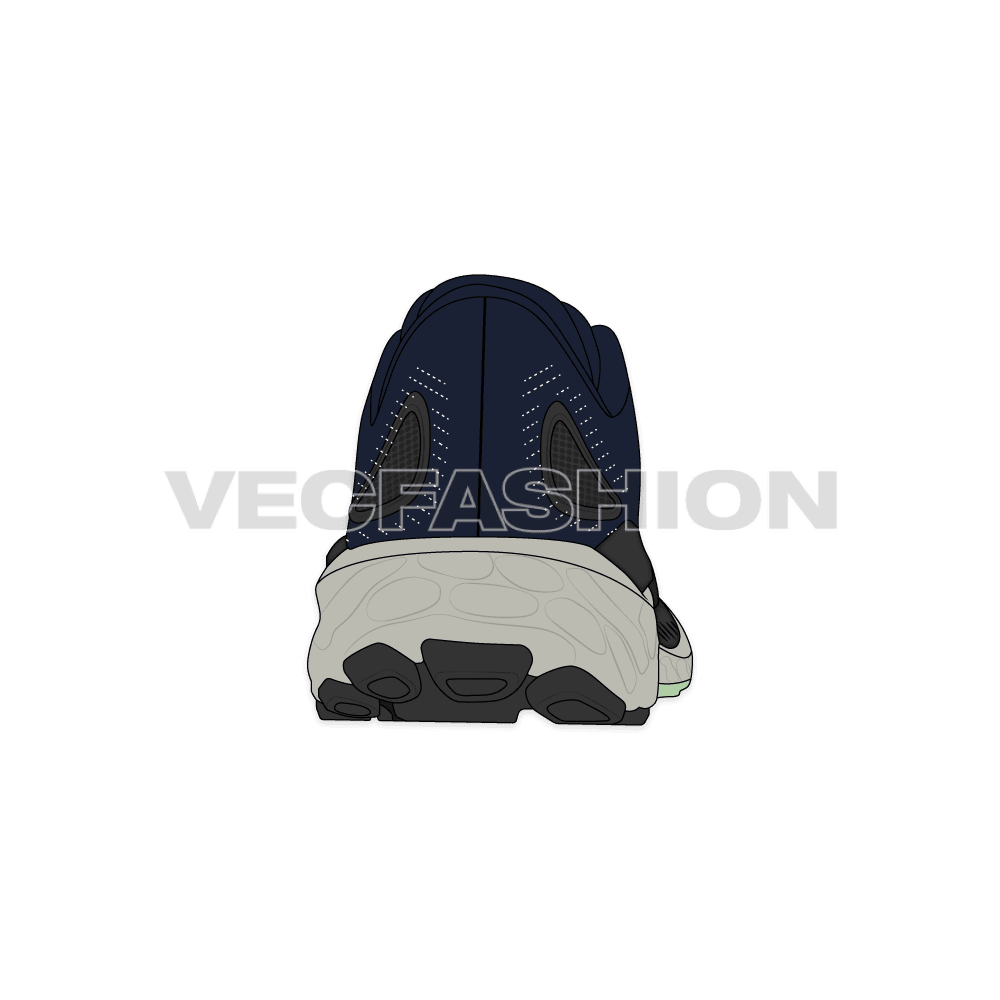 Mens running sneakers, fabric top flat sketch, view 3