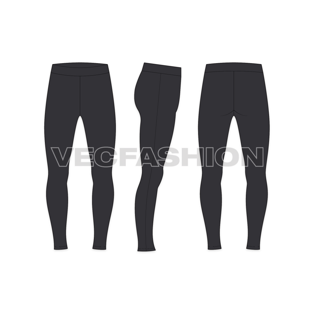 Mens Compression leggings Free Flat Sketch-front, side and back views.
