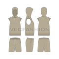 Mens sleeveless hoodie set flat sketch, showing all views, front, side and back
