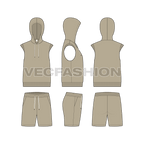 Mens sleeveless hoodie set flat sketch, showing all views, front, side and back