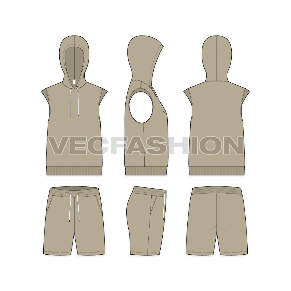 Mens sleeveless hoodie set flat sketch, showing all views, front, side and back