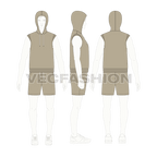 Mens sleeveless hoodie set flat sketch, on croqui