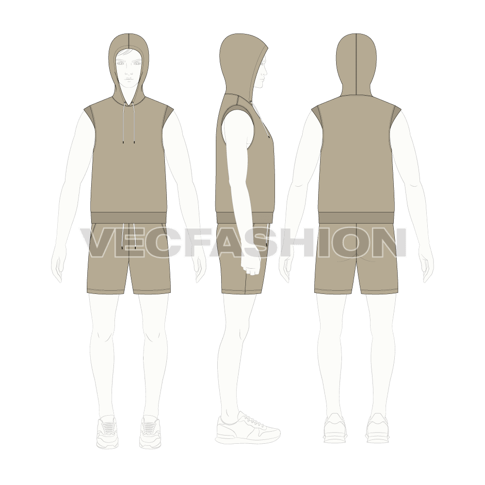Mens sleeveless hoodie set flat sketch, on croqui