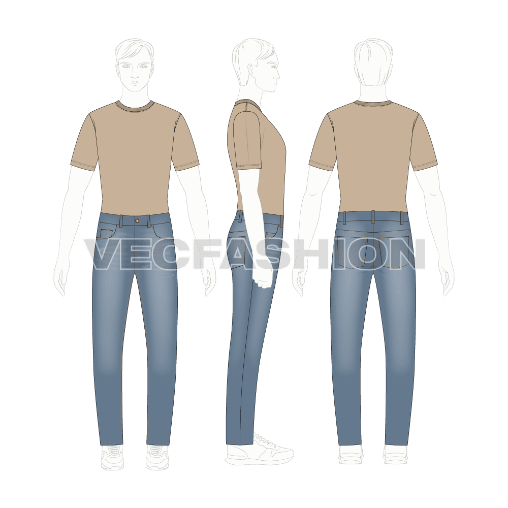 Mens slim fit denim jeans, stone wash flat sketch, on croqui