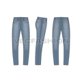 Mens slim fit denim jeans vector sketch showing front, side and back views. 
