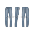 Mens slim fit denim jeans vector sketch showing front, side and back views. 