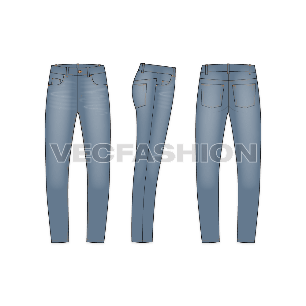 Mens slim fit denim jeans vector sketch showing front, side and back views. 