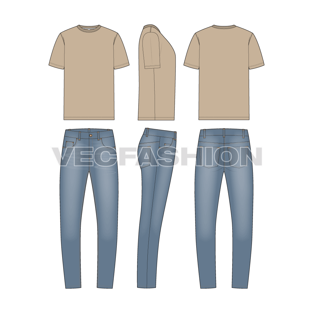 Mens slim fit denim jeans, stone wash flat sketch, t-shirt sketch, front, side and back views.