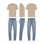 Mens slim fit denim jeans, stone wash flat sketch, t-shirt sketch, front, side and back views.