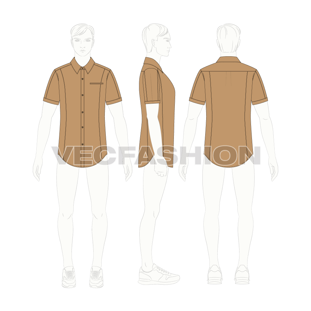 Mens slim fit shirt flat sketch, croqui sketch
