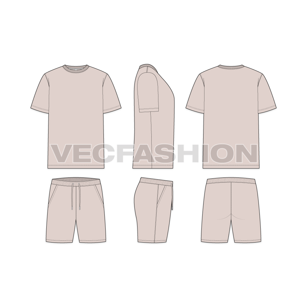 Mens summer clothing set flat sketch, showing all views, front, side and back