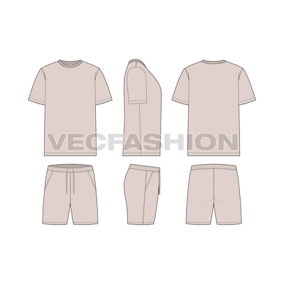 Mens summer clothing set flat sketch, showing all views, front, side and back