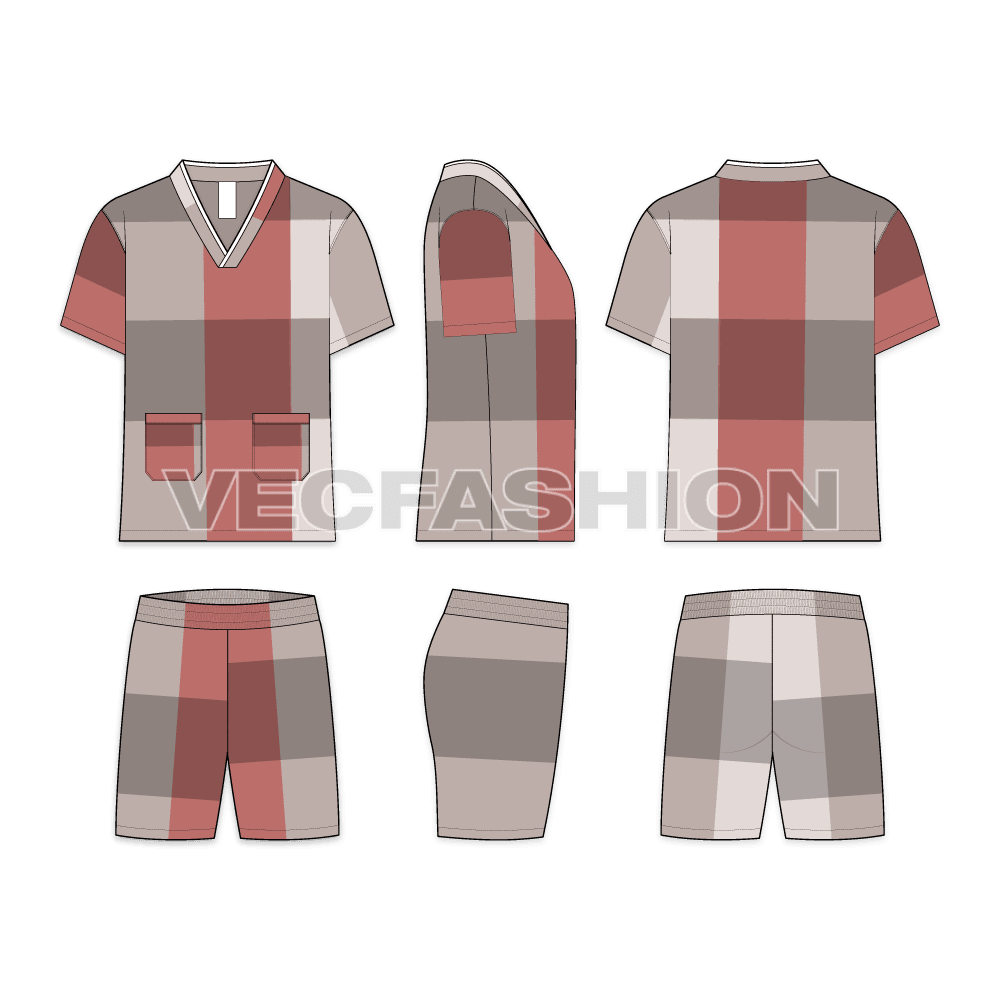 Mens summer daywear set flat sketch, showing all views, front, side and back