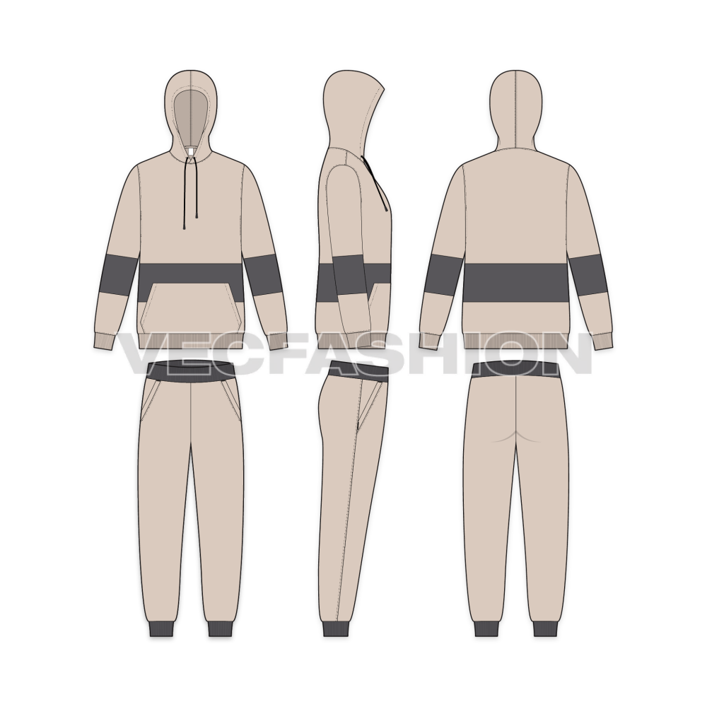 Mens Sweatsuit with Bold Stripe Flat Sketch-front, side and back views.