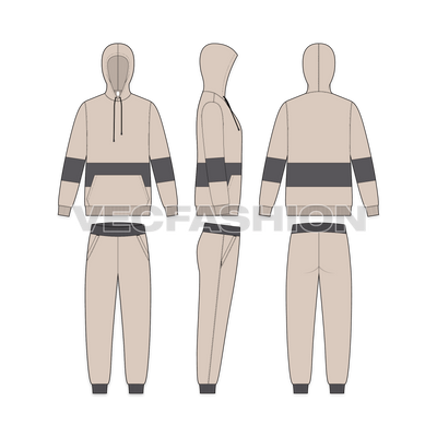 Mens Sweatsuit with Bold Stripe Flat Sketch-front, side and back views.