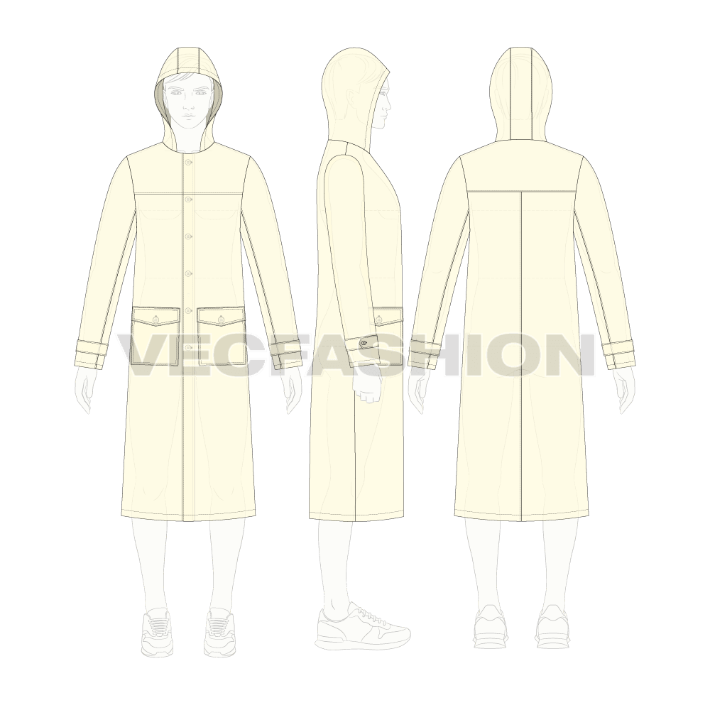 Mens Waterproof Coat flat sketch, croqui sketch