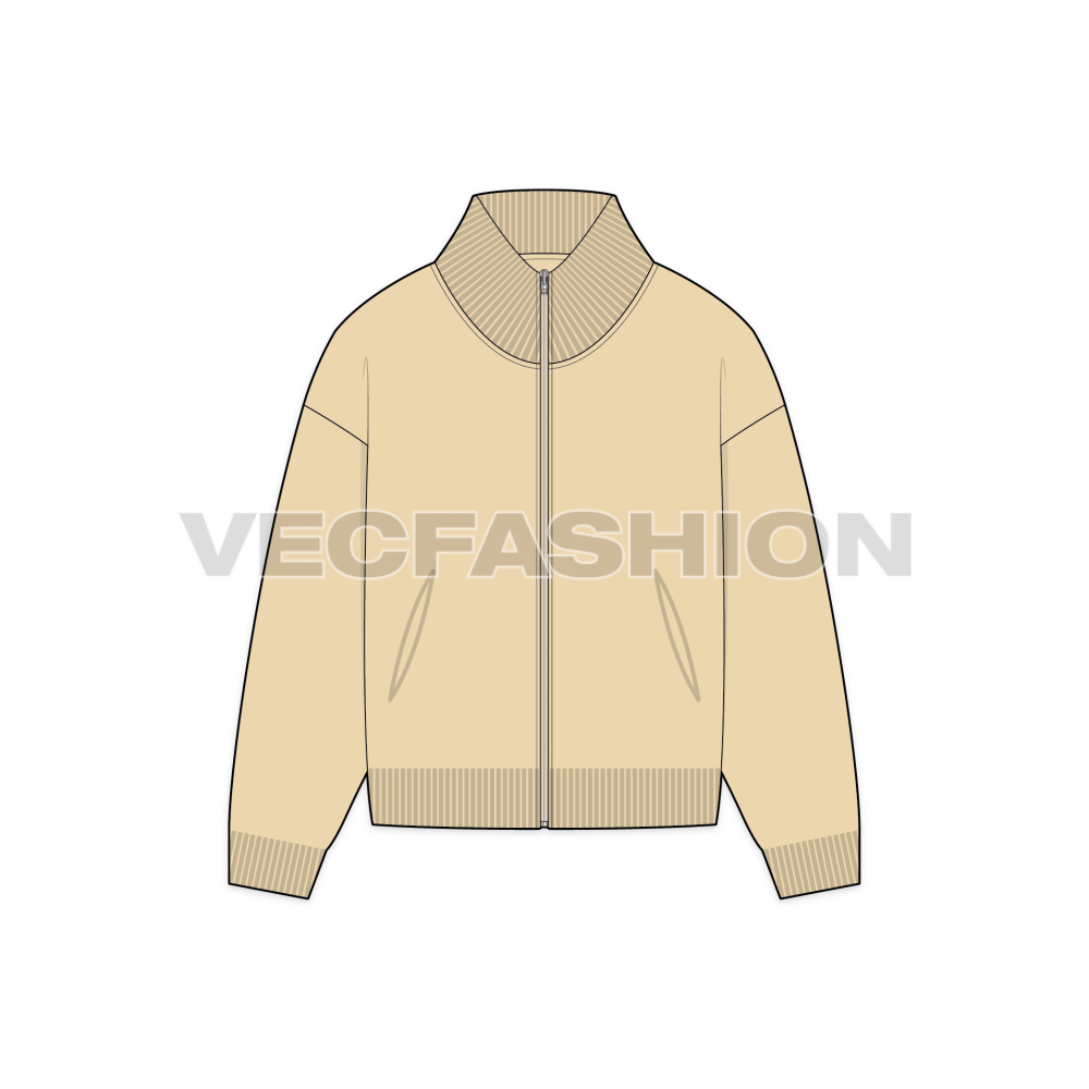 A flat vector illustration of a butter yellow zip-up sweater with a ribbed mock neck, cuffs, and hem, showing front view.