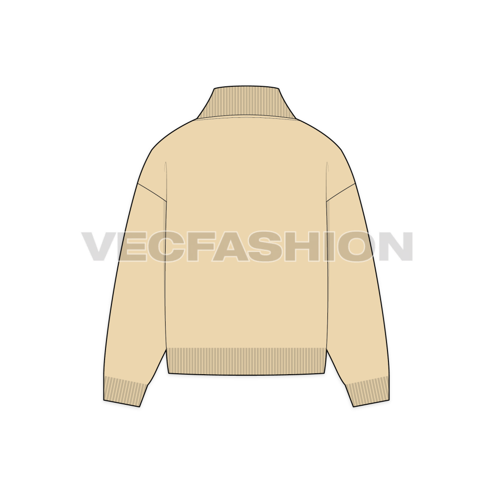 A flat vector illustration of a butter yellow zip-up sweater with a ribbed mock neck, cuffs, and hem, showing back view.