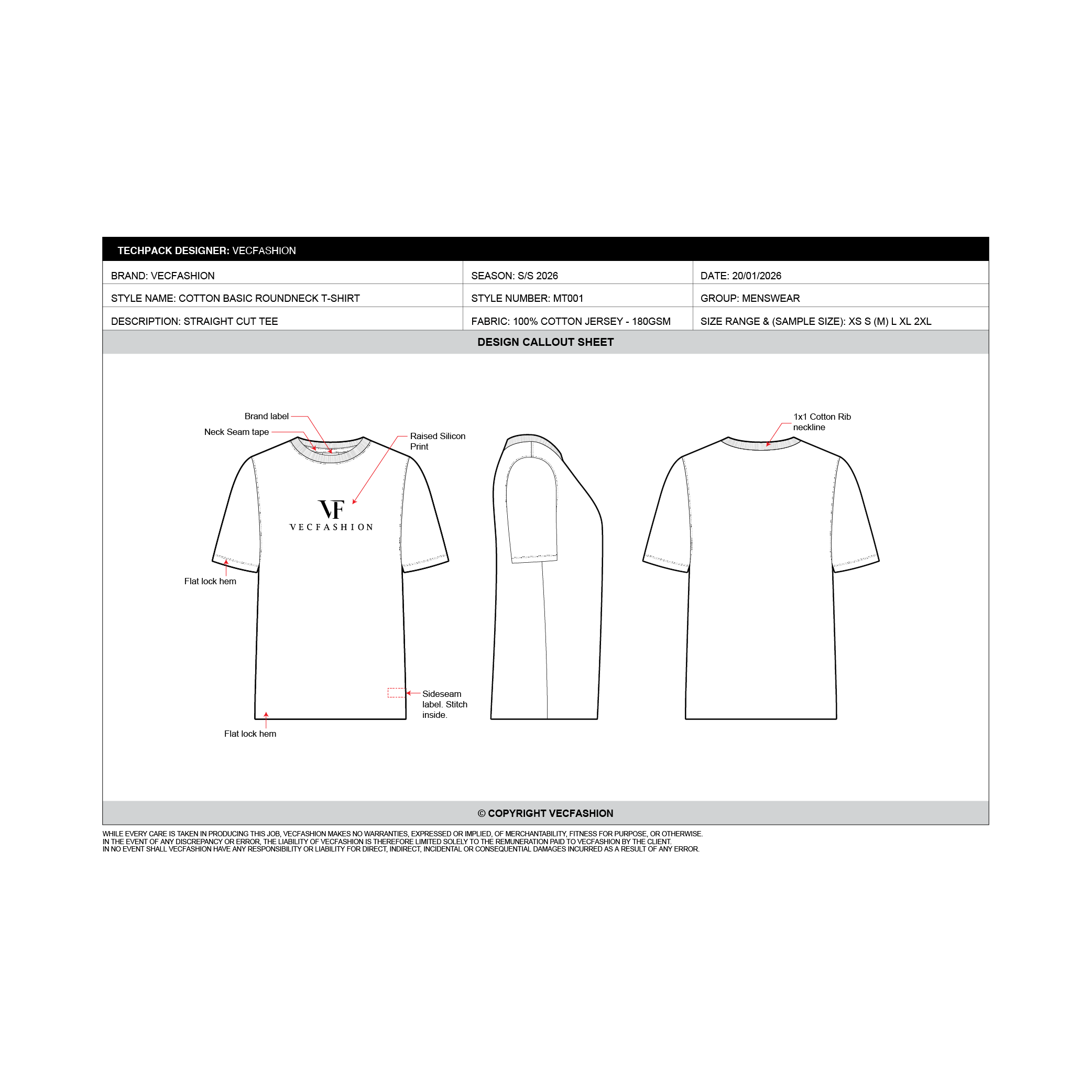 Mens Round Neck T-shirt Tech pack Template - design callout sheet