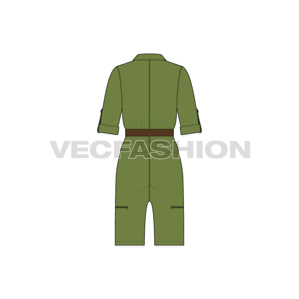 Women boiler suit with shorts flat sketch, back view