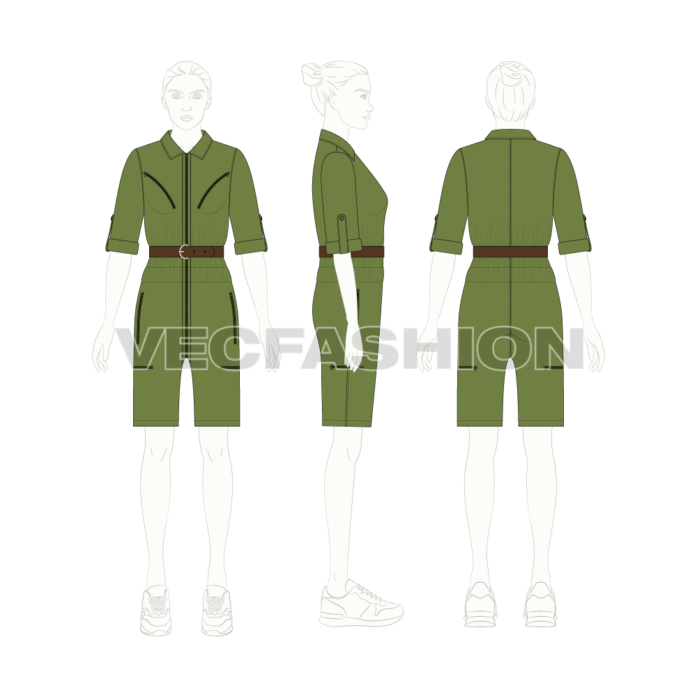 Women boiler suit with shorts flat sketch, croqui sketch