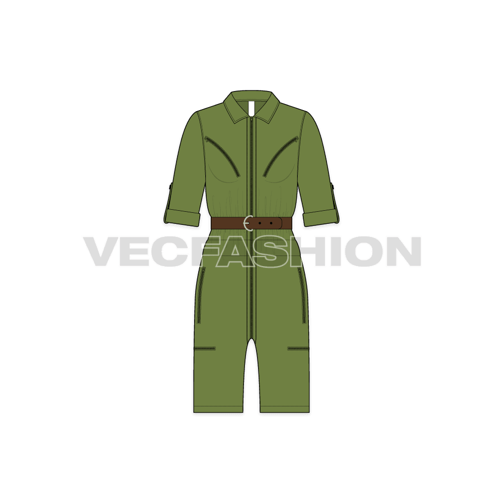 Women boiler suit with shorts flat sketch, front view