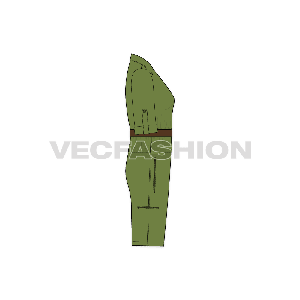 Women boiler suit with shorts flat sketch, side view