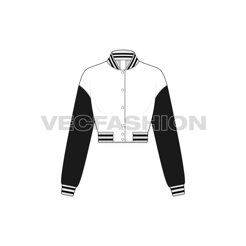 Women Crop Varsity Jacket flat sketch, front view