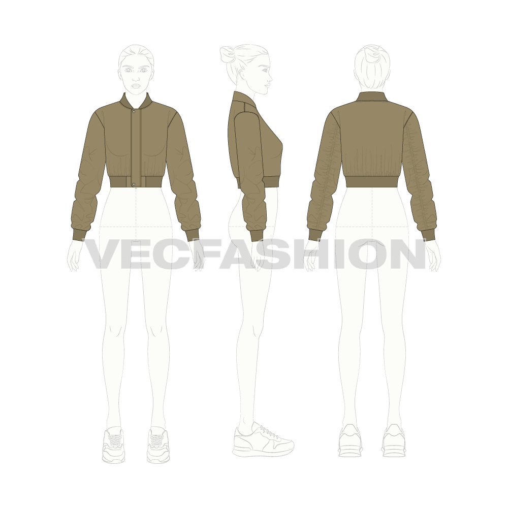 Women Cropped Bomber Jacket flat sketch, croqui sketch