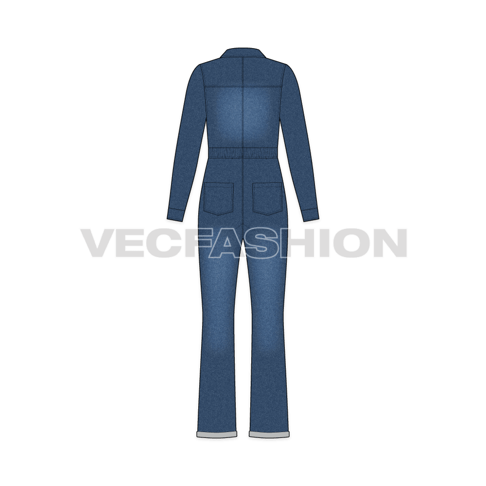 Women denim boiler suit flat sketch, back view
