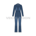 Women denim boiler suit flat sketch, front view