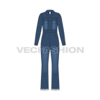 Women denim boiler suit flat sketch, front view