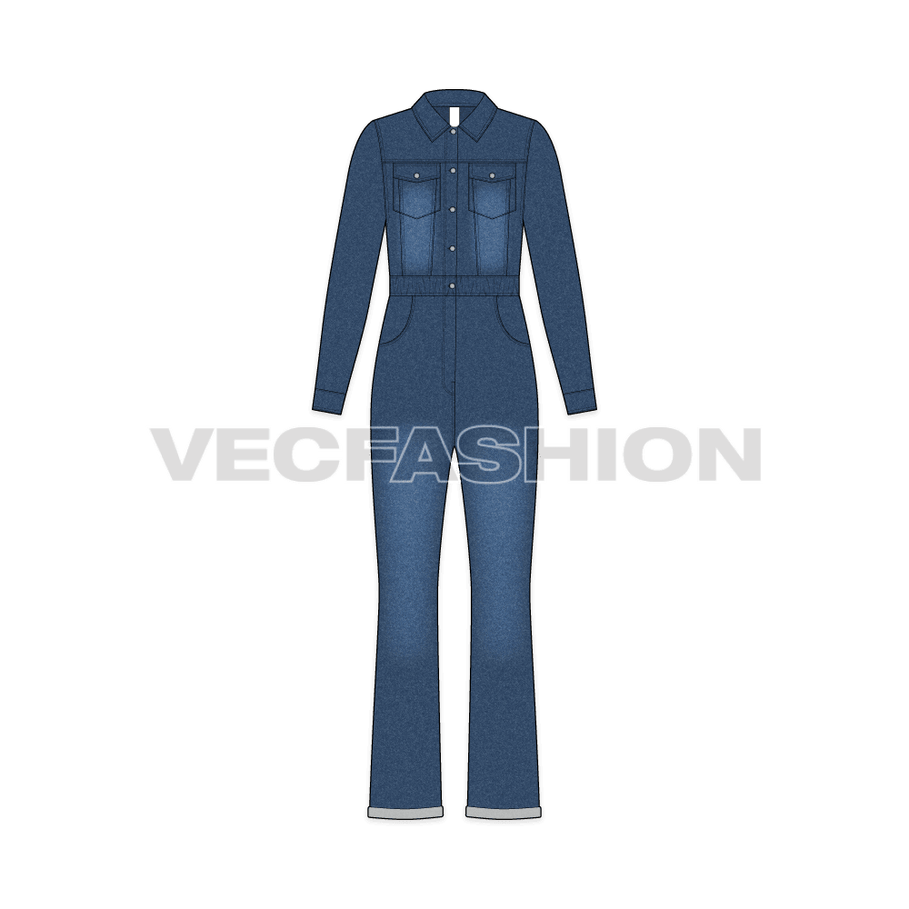 Women denim boiler suit flat sketch, front view