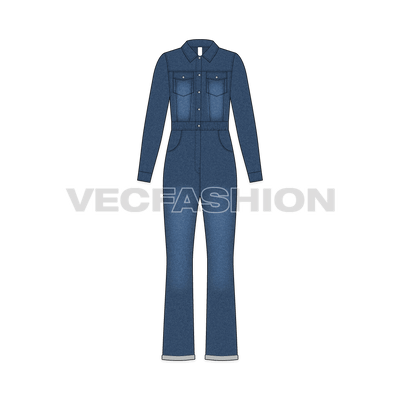 Women denim boiler suit flat sketch, front view