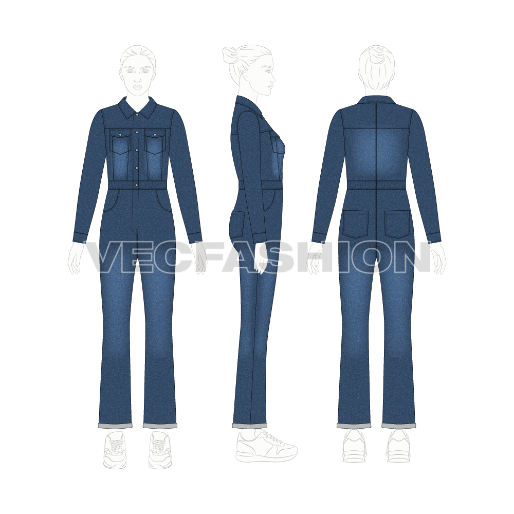 Women denim boiler suit flat sketch, croqui sketch