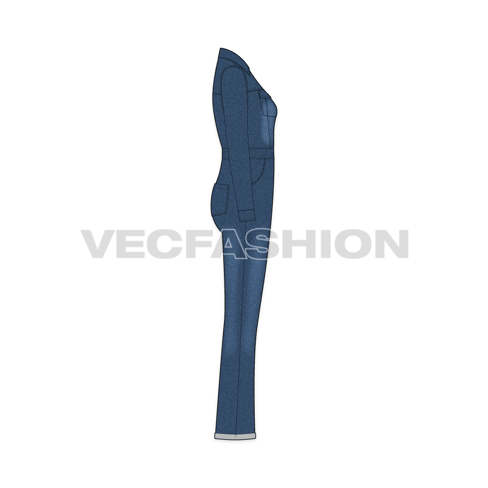 Women denim boiler suit flat sketch, side view