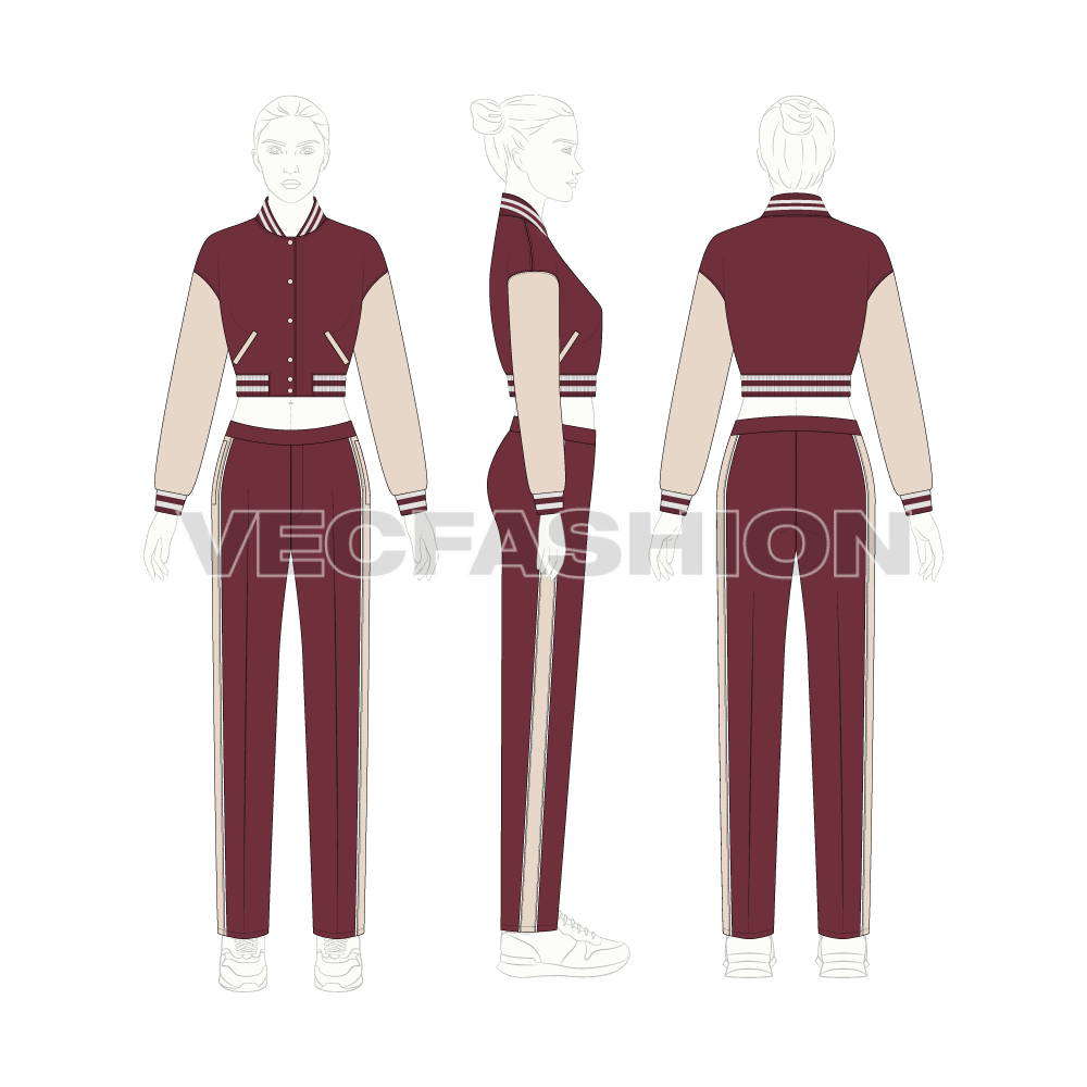 Women game sweatsuit flat sketch, croqui sketch