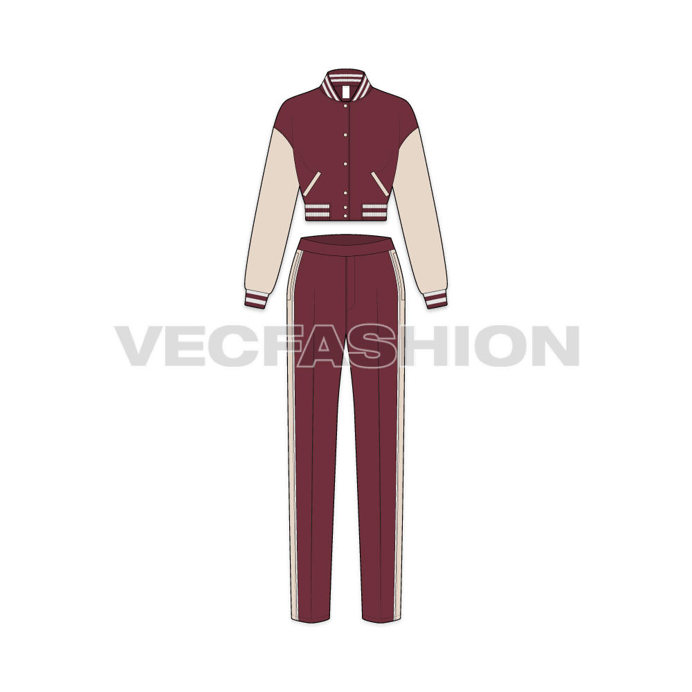 Women game sweatsuit flat sketch, front view
