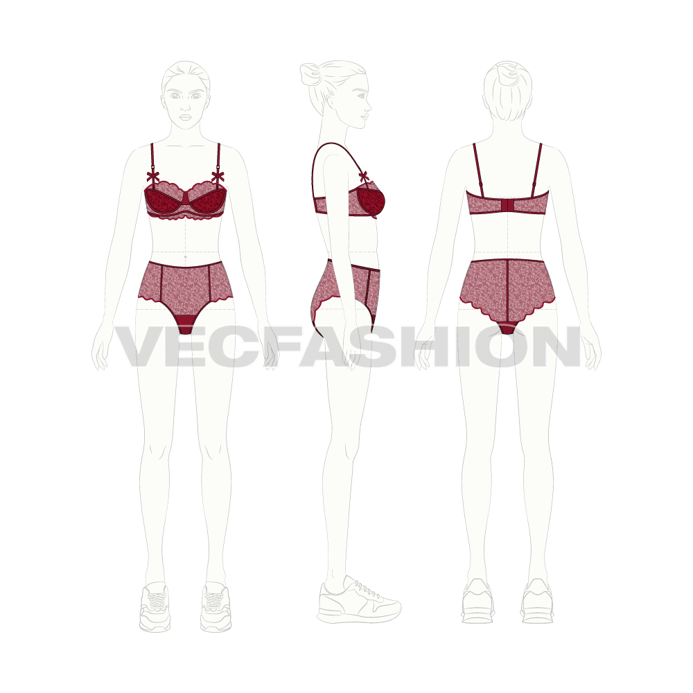Women laced bra and panties set flat sketch, croqui sketch