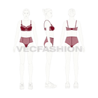 Women laced bra and panties set flat sketch, croqui sketch