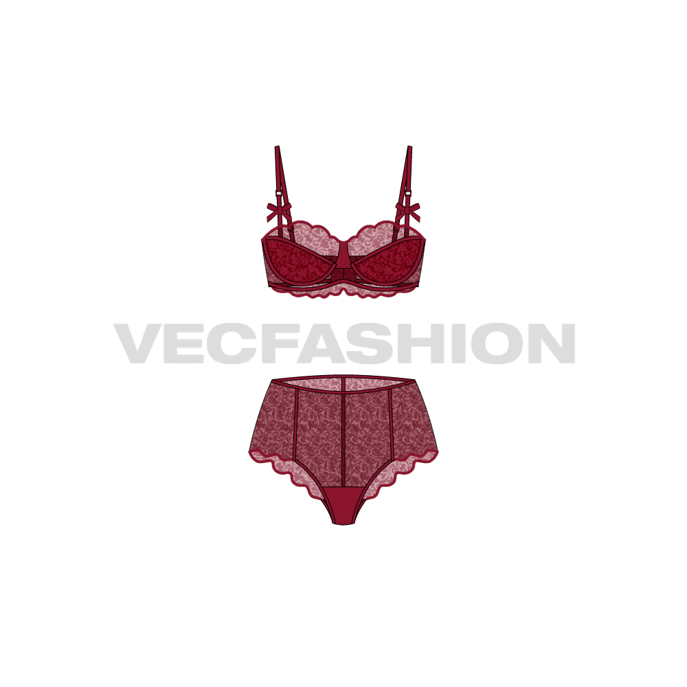 Women laced bra and panties set flat sketch, front view