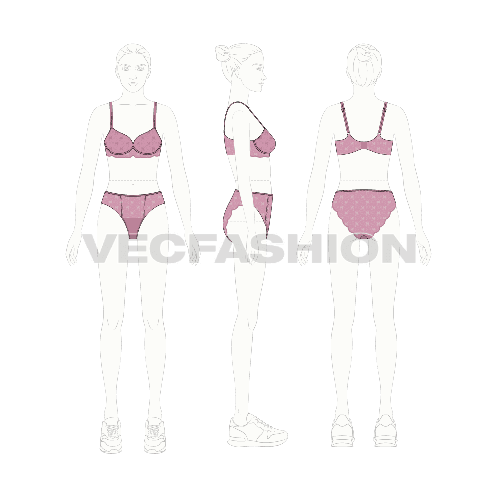 Women lingerie set flat sketch, croqui sketch