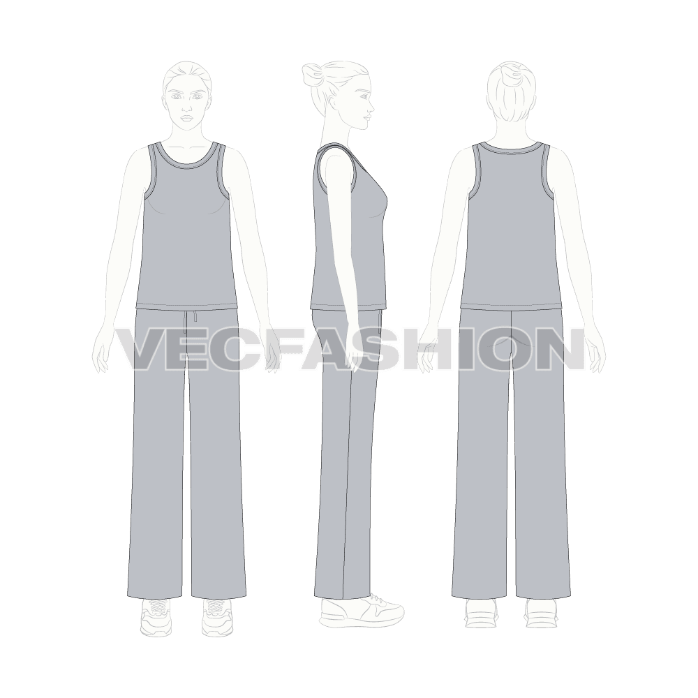 Women lounge wear set, round neck tank flat sketch, on croqui