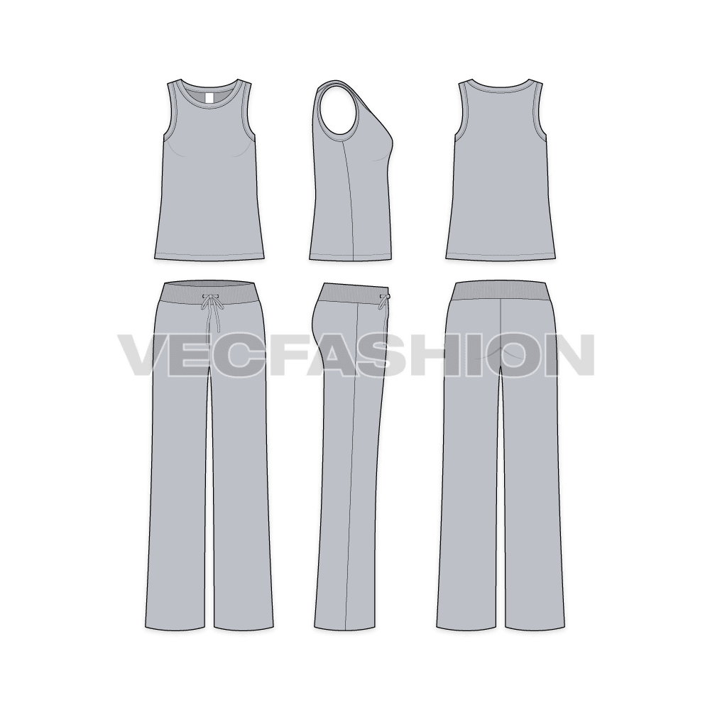 Women lounge wear set, round neck tank flat sketch, showing all views, front, side and back